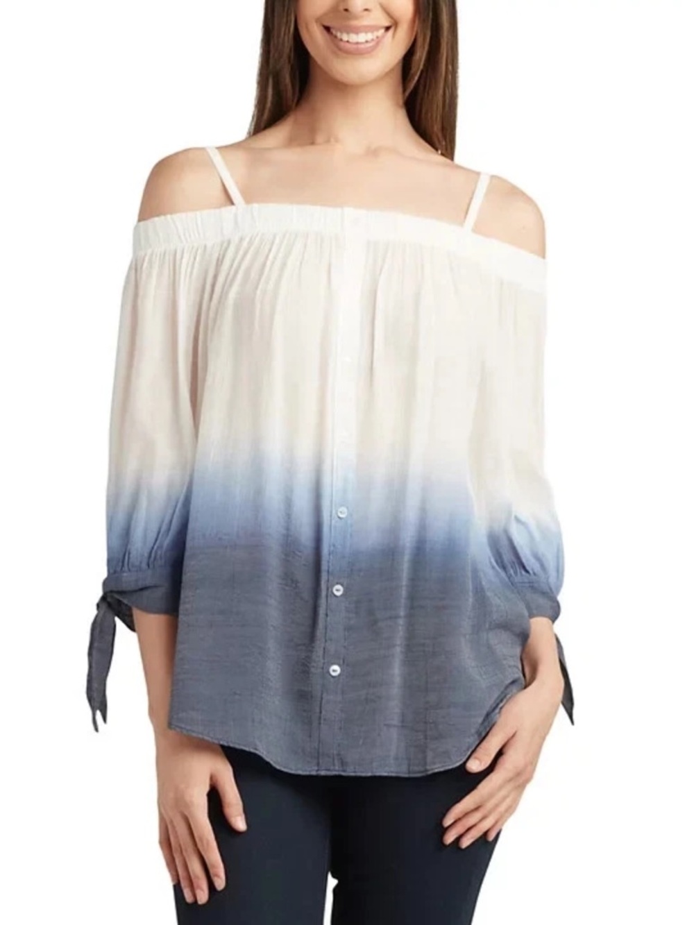 *NWT* By & By Juniors' Off-The-Shoulder Dip-Dyed 3/4-Sleeve Blue/White Ombré XL